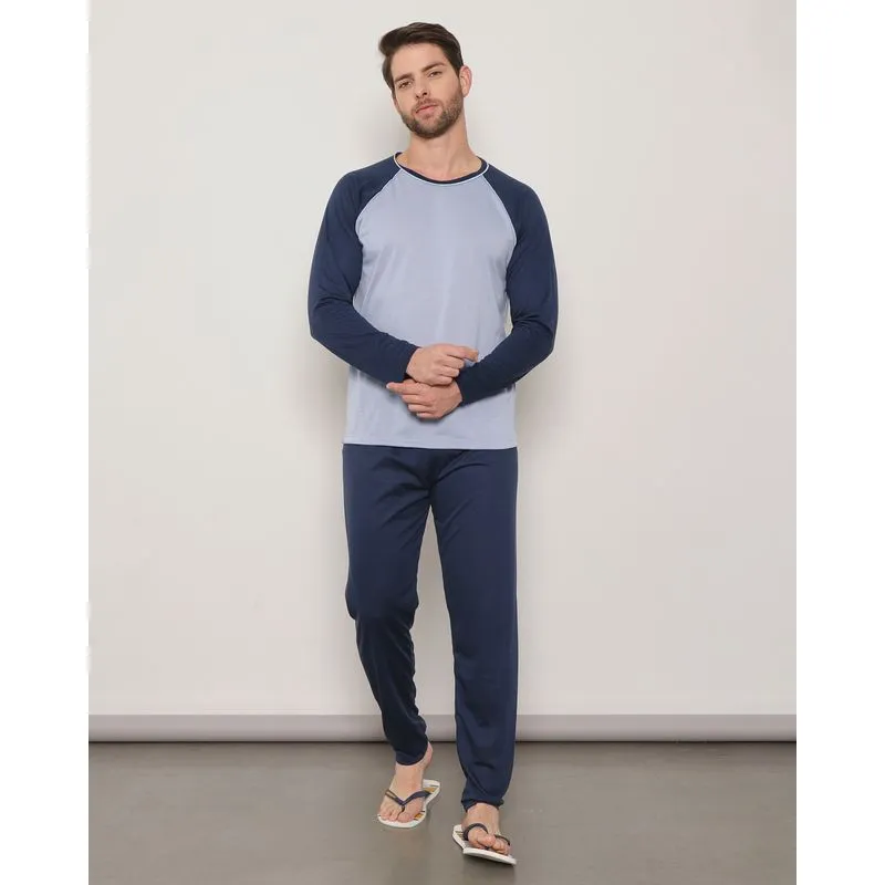 Pijama Masculino Longo Recortes Azul P