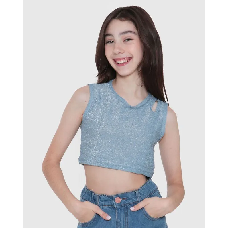 Blusa Cropped Juvenil Recorte Vazado Lurex Azul Claro 10