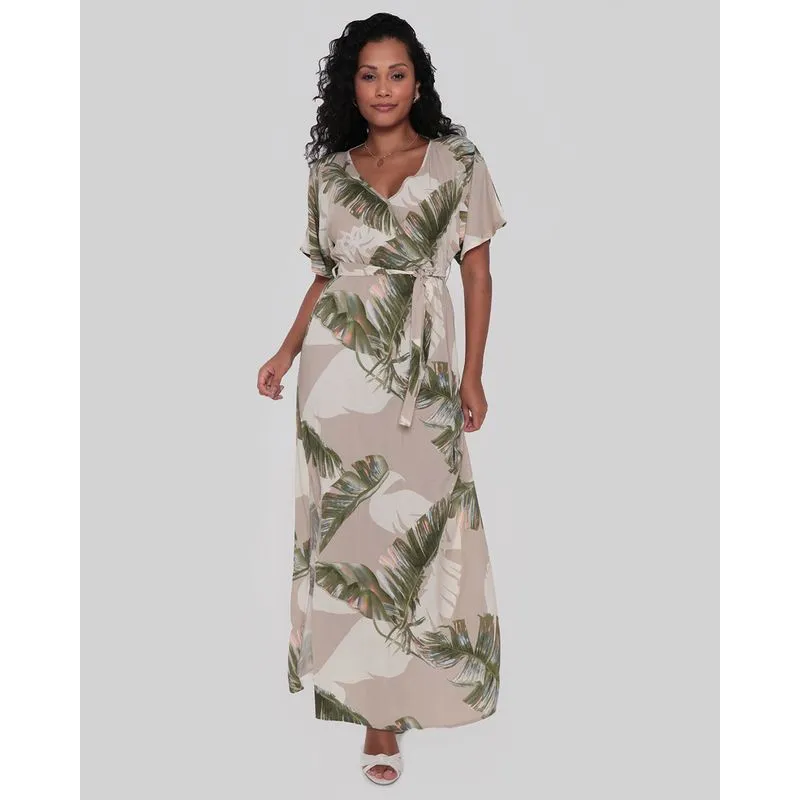 Vestido Longo Viscose Faixa Estampado Folhas Bege P