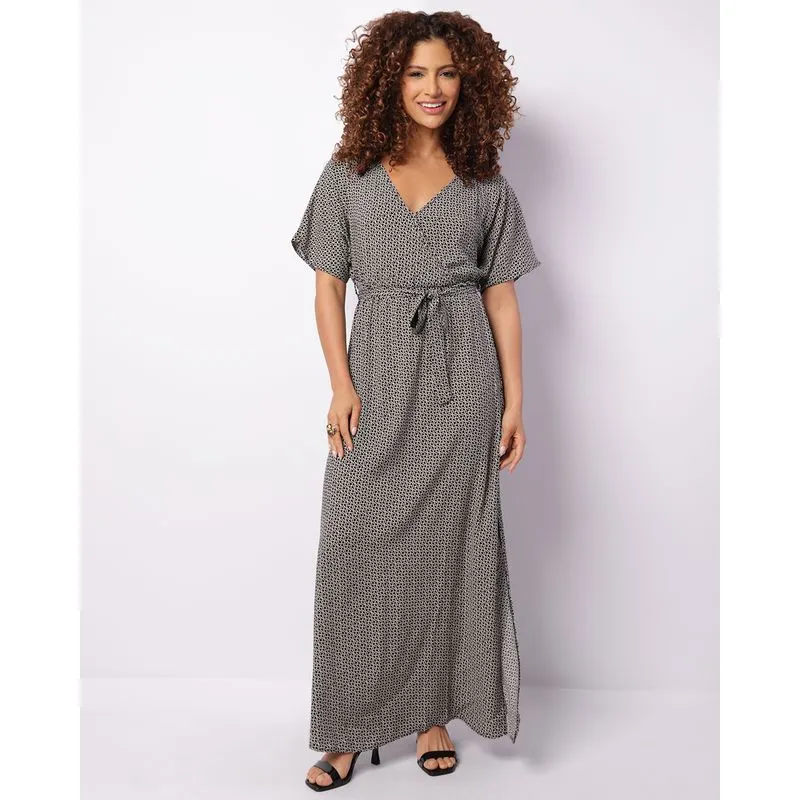 Vestido Feminino Longo Estampado Fenda Preto M