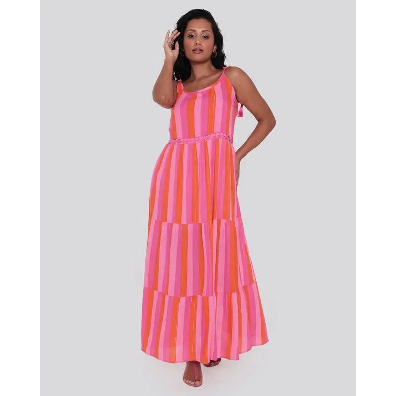 Vestido Feminino Longo Alcinha Listrado Lurex Rosa G