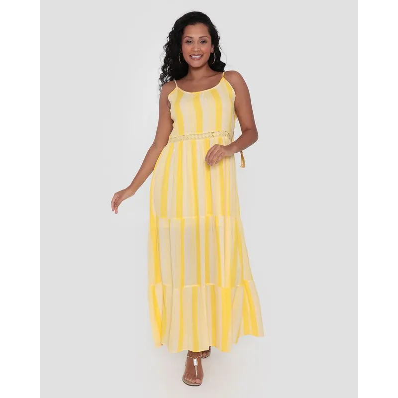 Vestido Feminino Longo Alcinha Listras Lurex Amarelo GG