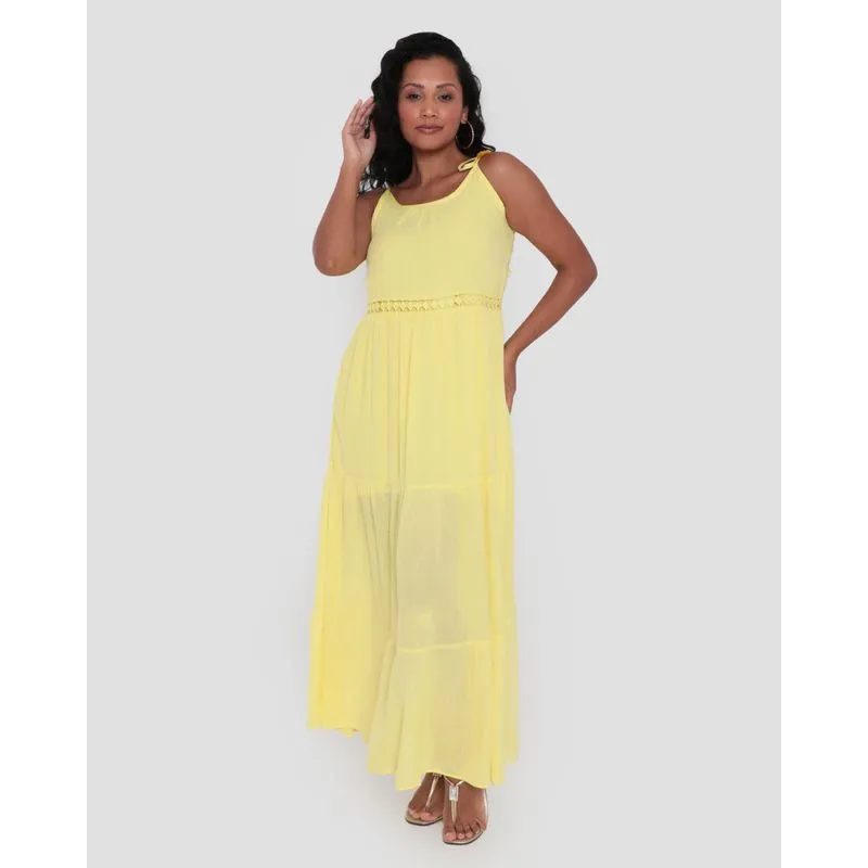 Vestido Feminino Longo Alcinha Listrado Lurex Amarelo G