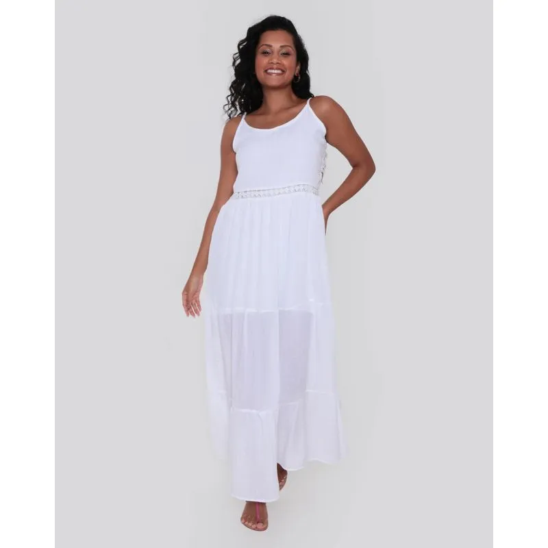 Vestido Feminino Longo Alcinha Listrado Lurex Branco GG