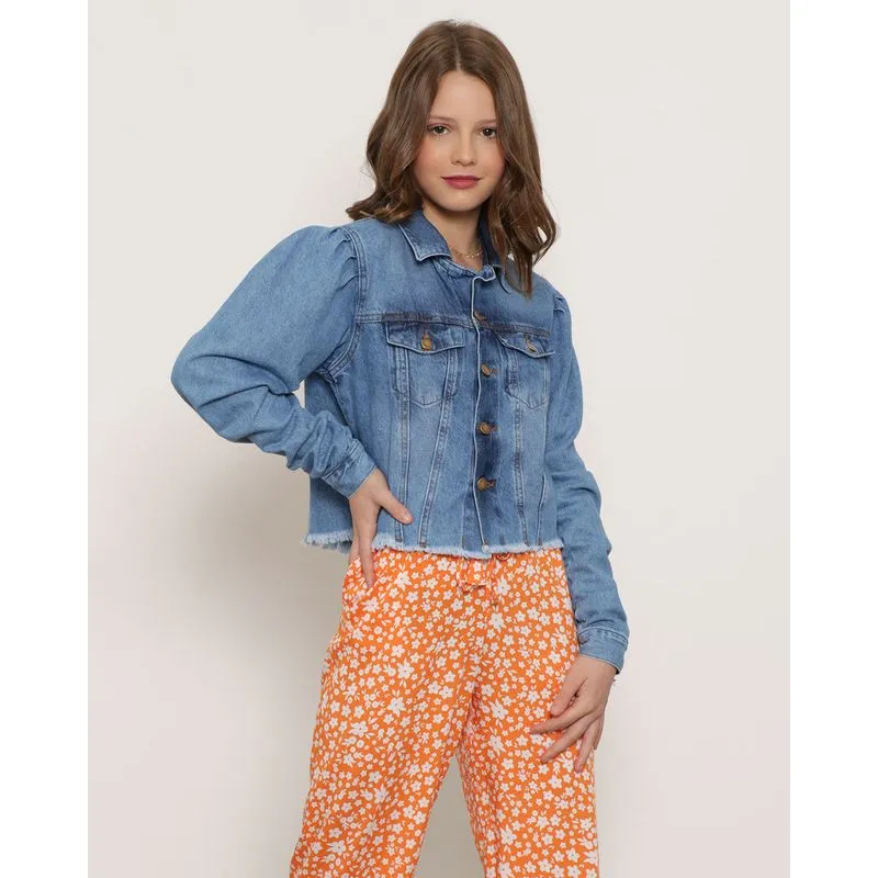 Jaqueta Jeans Juvenil Barra Desfiada Azul 10