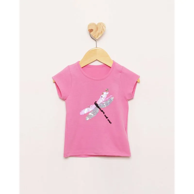 Blusa Bebê Manga Curta Libélula com Paetês Aquarela Rosa Médio 2