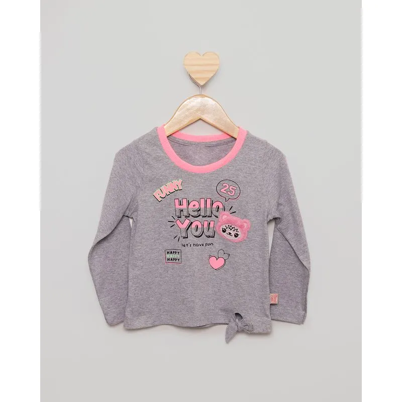 Blusa Bebê Manga Longa Com Estampa e Nozinho Cinza 1