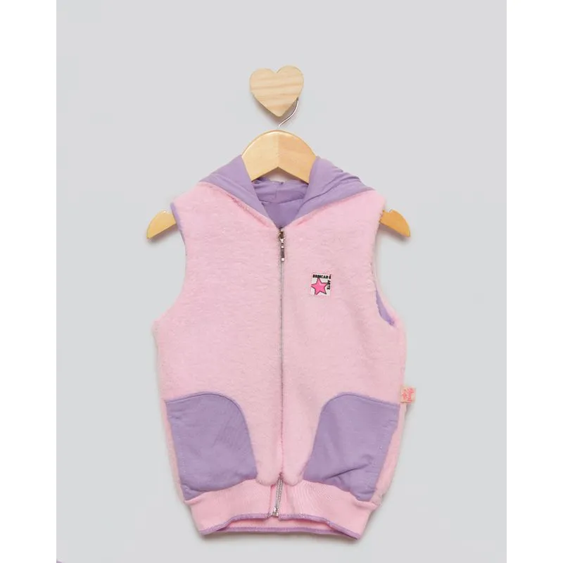 Colete Bebê Pelinho Capuz Bolso Rosa 2