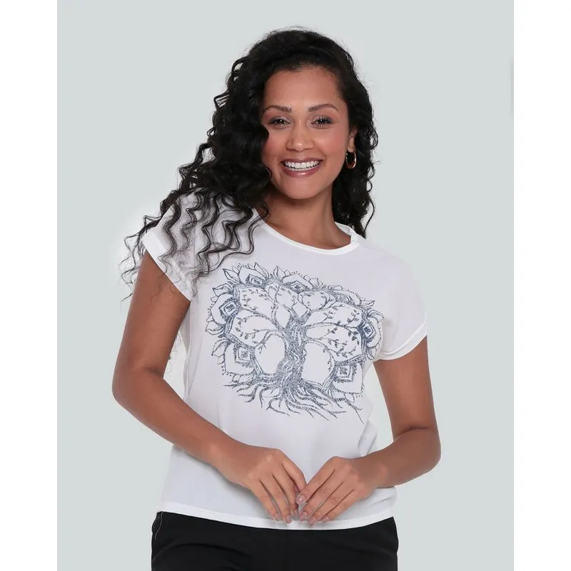 Blusa Feminina com Estampa Strass Manga Curta Off White M