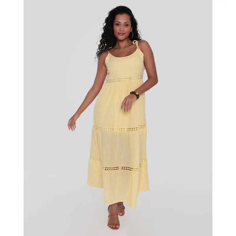 Vestido Feminino Longo Alcinha Guipir Lurex Amarelo G