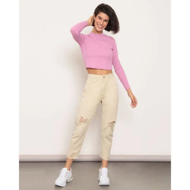 Calça Sarja Feminina Mom Destroyed Bege 44