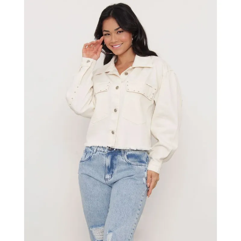Jaqueta Feminina Sarja Vizzy Com Rebite Bege 36