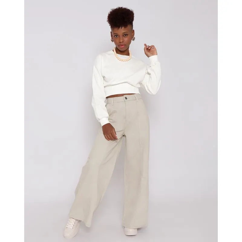 Calça Sarja Feminina Pantalona Bege 46