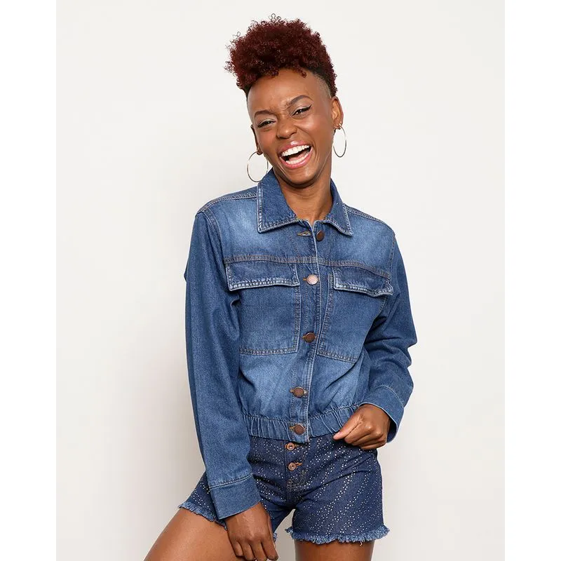 Jaqueta Jeans Feminina Manga Longa Com Elástico Azul GG