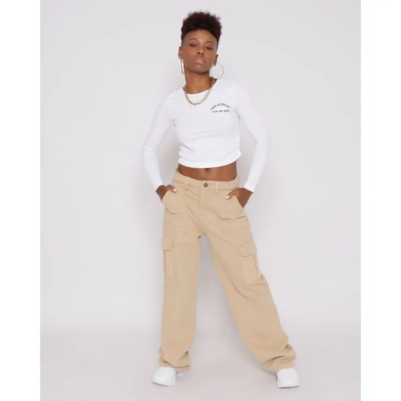 Calça Sarja Feminina Cargo Wide Leg Marrom Claro 46