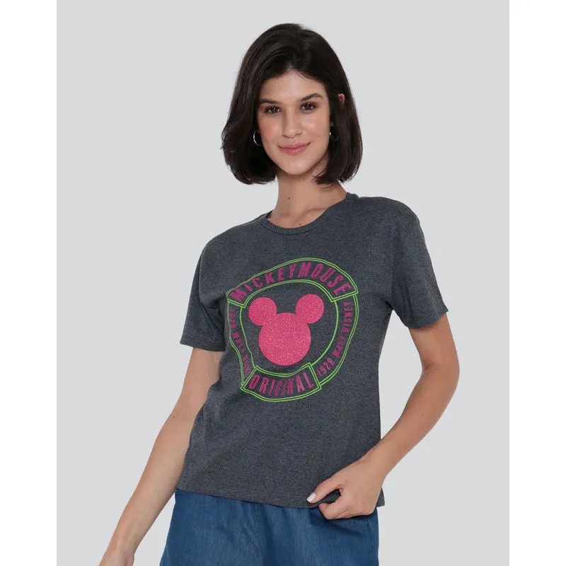 Camiseta Feminina Disney Mickey com Glitter Cinza Escuro P