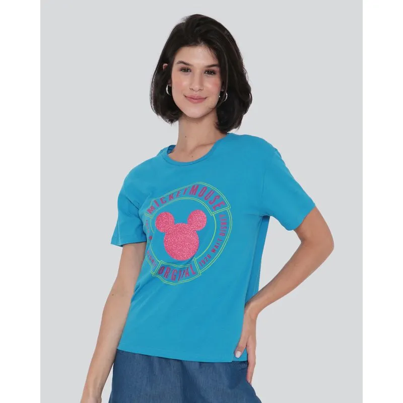 Camiseta Feminina Disney Mickey com Glitter Manga Curta Azul G