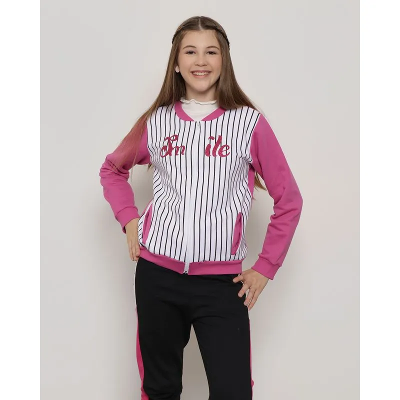 Jaqueta Moletom Juvenil Bomber Com Listras Rosa e Branca 12
