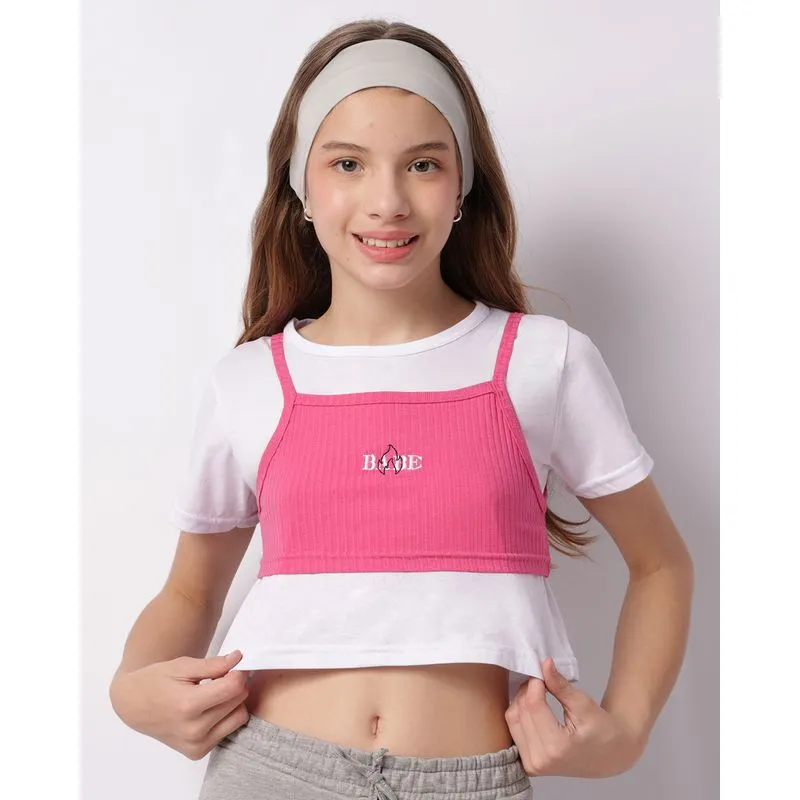 Blusa Juvenil Cropped Com Sobreposição Bordado Rosa 14