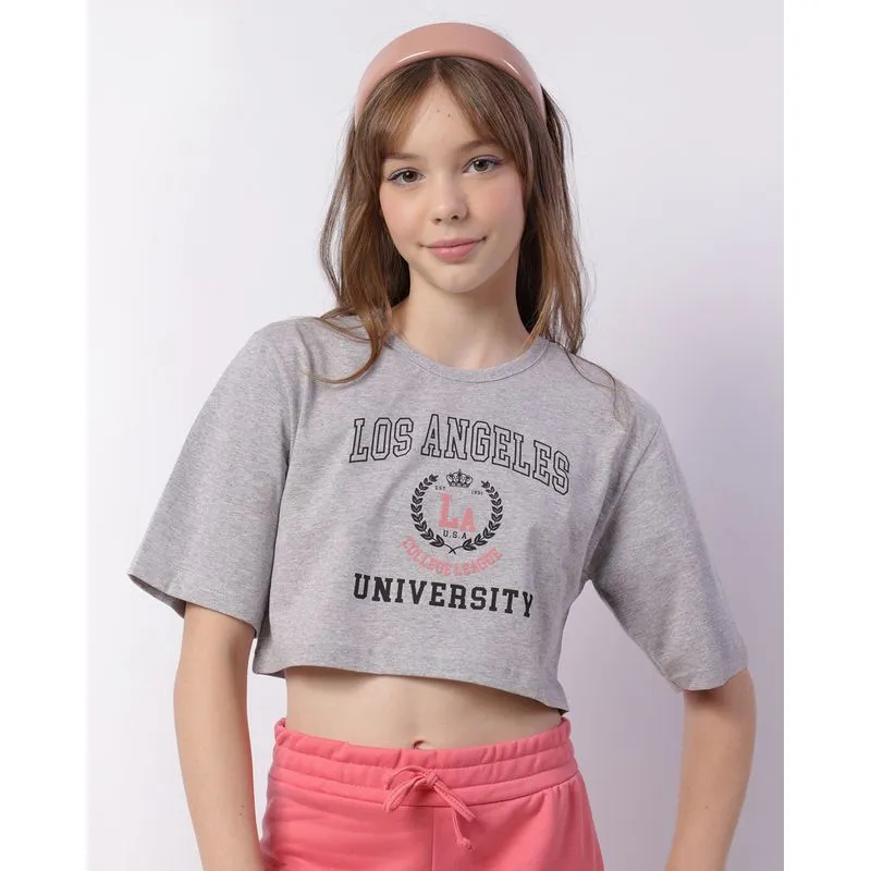 Camiseta Juvenil Cropped Estampa Los Angeles Cinza 14