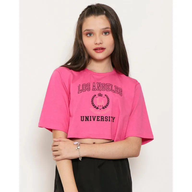 Blusa Cropped Juvenil Estampa Los Angeles Rosa 12