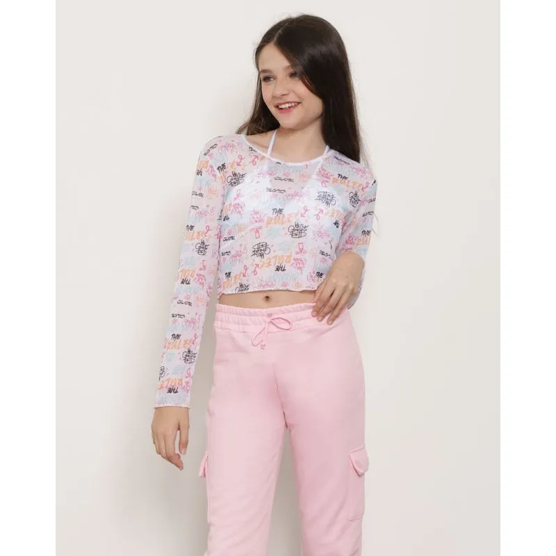 Blusa Juvenil Manga Longa Cropped Tule Estampada Branca 16