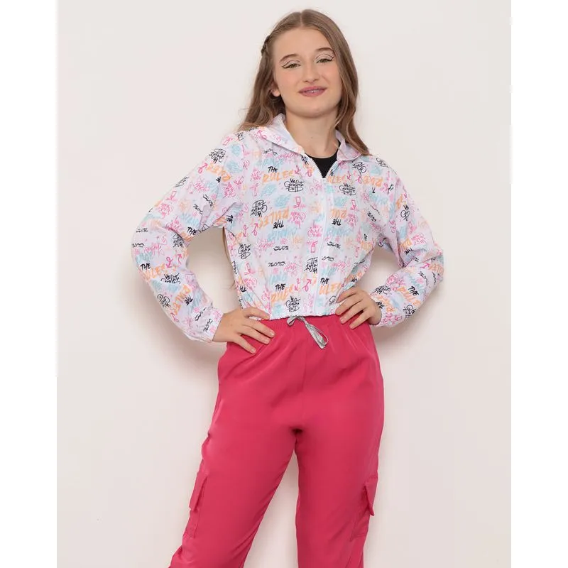 Jaqueta Juvenil Cropped Com Capuz Estampada Branca 16