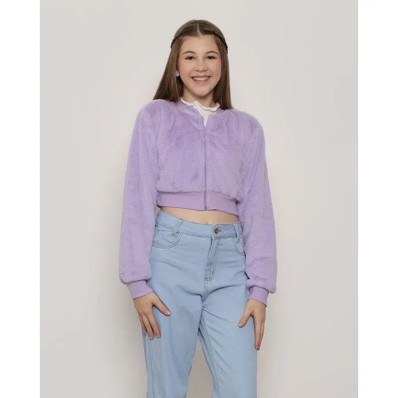 Jaqueta Juvenil Bomber Cropped Com Pelinho Lilás 14