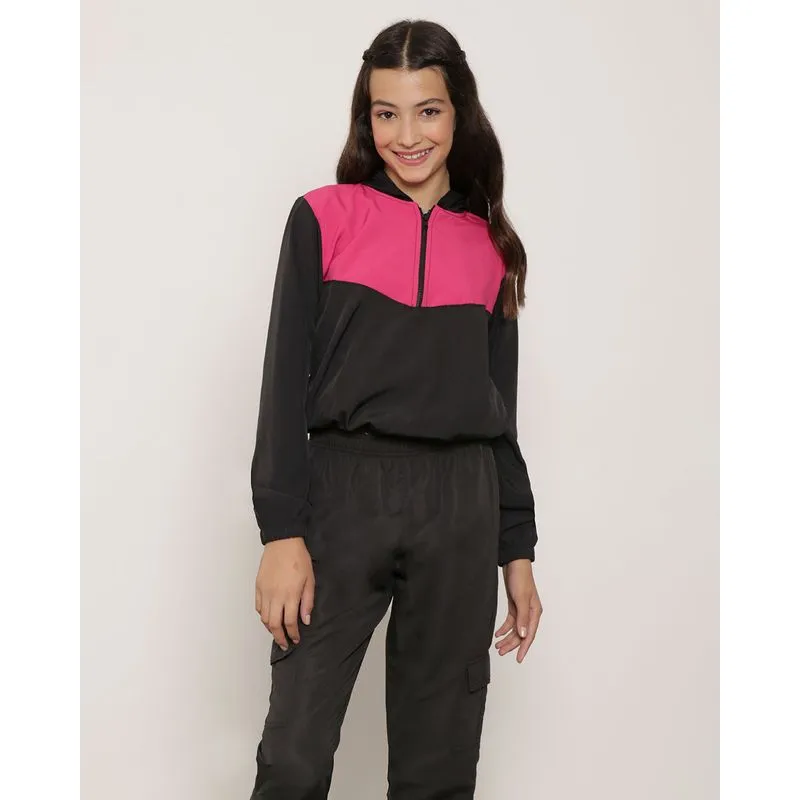 Blusa Juvenil Com Capuz Recorte Preta 14