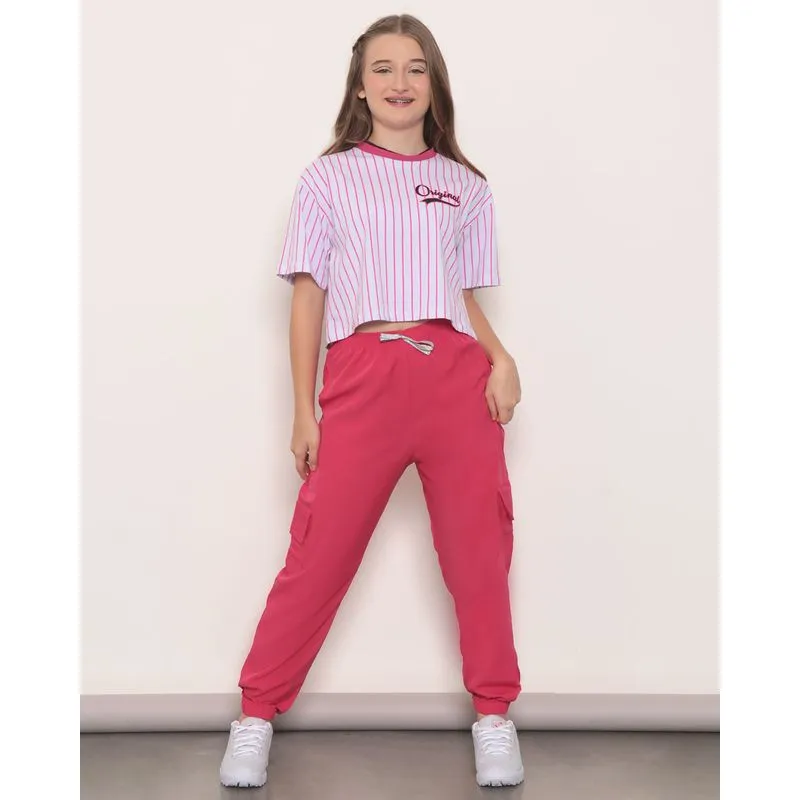 Calça Juvenil Jogger Bolso Cargo Rosa 12