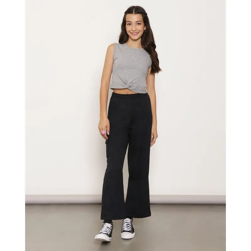 Calça Moletom Juvenil Wide Leg Bolso Cargo Preta 12