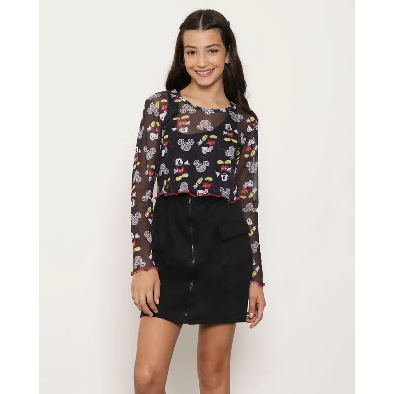 Blusa Juvenil Tule Estampa Mickey Mouse Disney Preta 12