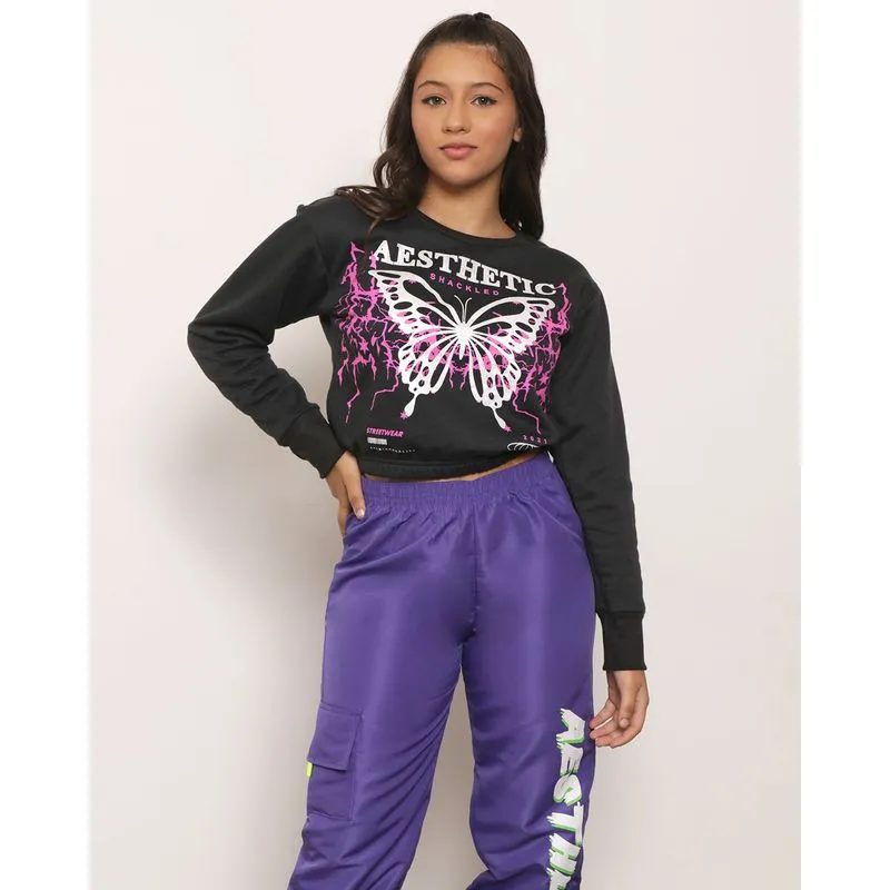 Blusa Moletom Juvenil Cropped Estampa Borboleta Preta 10