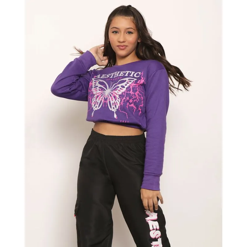 Blusa Moletom Juvenil Cropped Estampa Borboleta Roxa 16