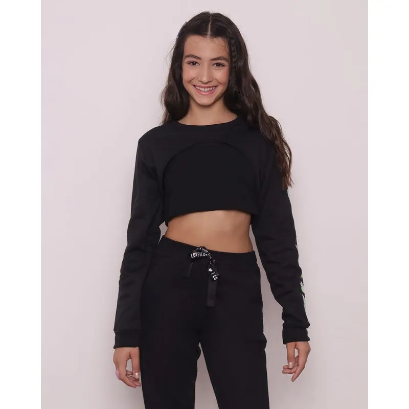 Blusa Cropped Juvenil Com Sobreposição Manga Moletom Preta 10