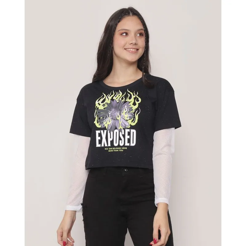 Blusa Juvenil Botonê Com Recorte E Manga Telada Preta 16