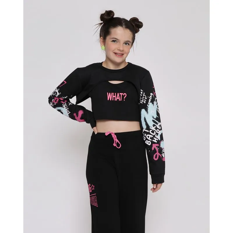 Blusa Cropped Juvenil Com Sobreposição Manga Moletom Preta 14