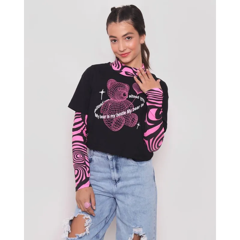 Blusa Juvenil Sobreposta Manga Longa Preta e Rosa 10