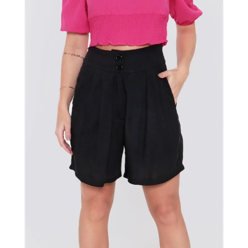 Short Feminino Viscose Pregas Botão Preto GG