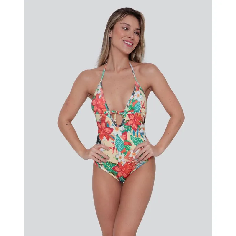Maiô Feminino Frente Única Proteção UV Floral Amarelo GG