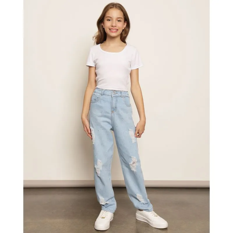 Calça Jeans Juvenil Reta Strass Destroyed Azul 12