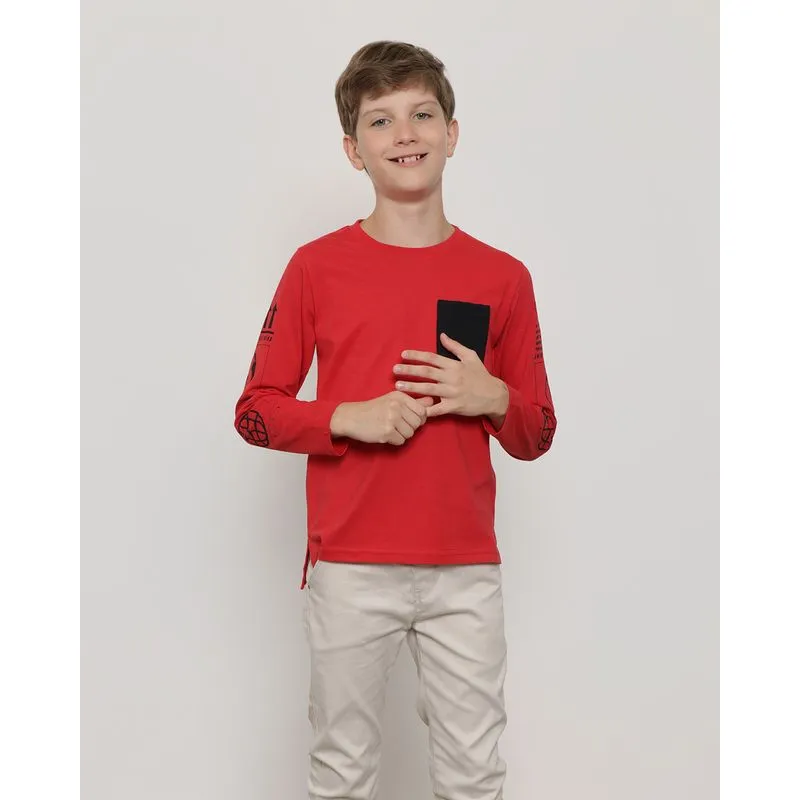 Camiseta Infantil Bolso Único Manga Longa Com Estampa Vermelha 10