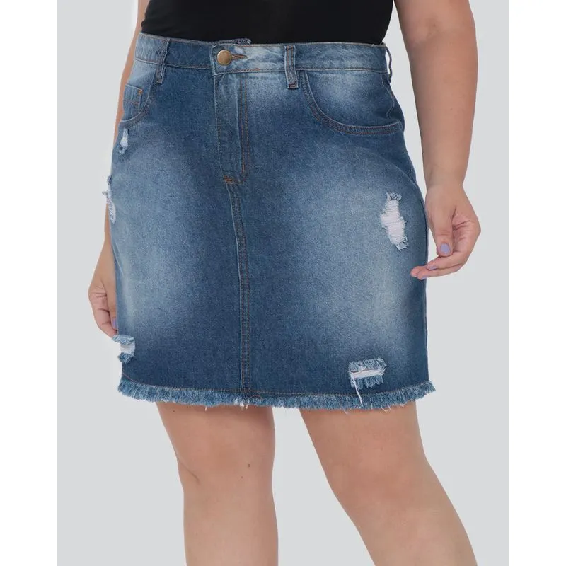 Saia Jeans Feminina Plus Size Destroyed Desfiada Azul 50