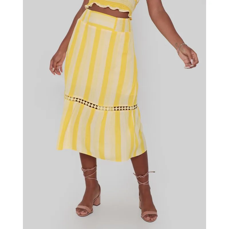 Saia Feminina Midi Guipir Lurex Listada Amarela M
