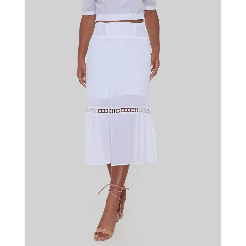 Saia Feminina Midi Guipir Lurex Listada Branca G