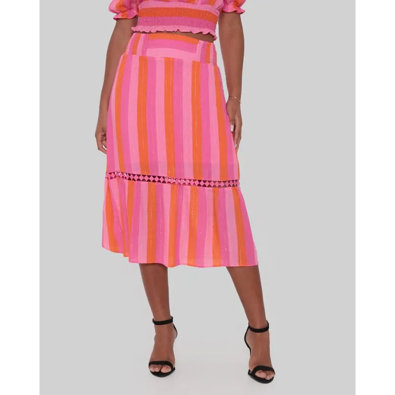 Saia Feminina Midi Guipir Lurex Listada Rosa M