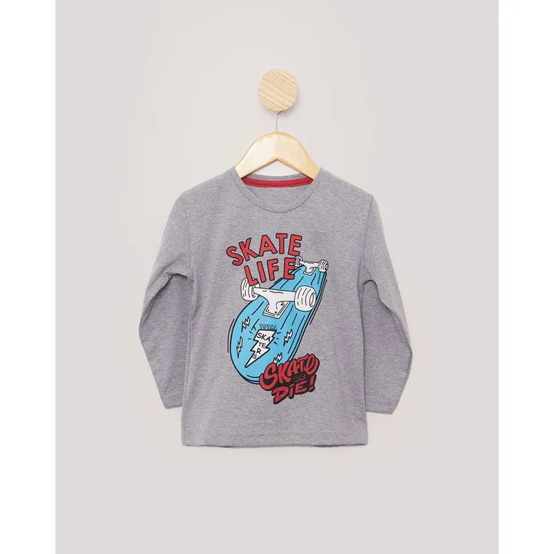 Camiseta Bebê Manga Longa Estampa Skate Cinza 2