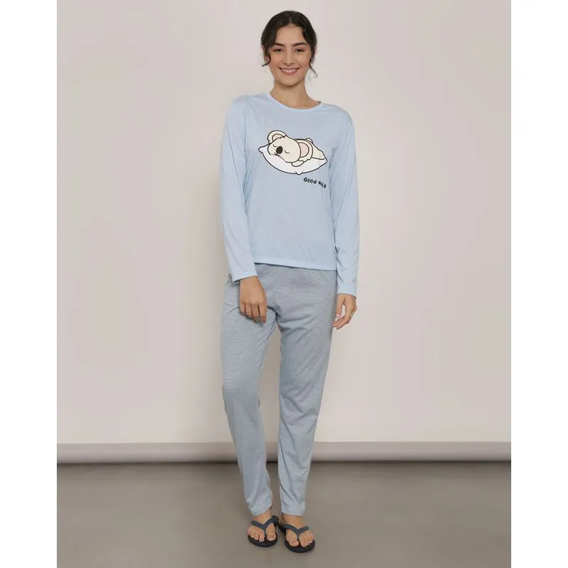 Pijama Feminino Estampado Manga Longa Listrado Azul Claro GG