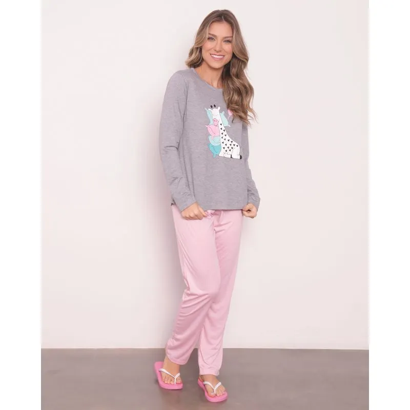 Pijama Feminino Manga Longa Estampa Girafa Cinza G