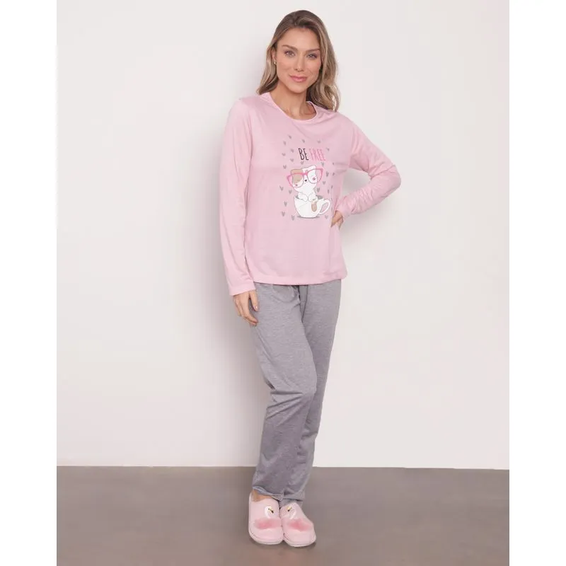 Pijama Feminino Manga Longa Estampa Gatinho Rosa GG